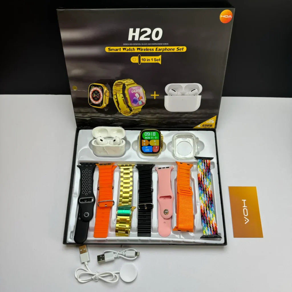 H20 Ultra Max Smart Watch & Wireless Earphones – 10-in-1 Premium Set