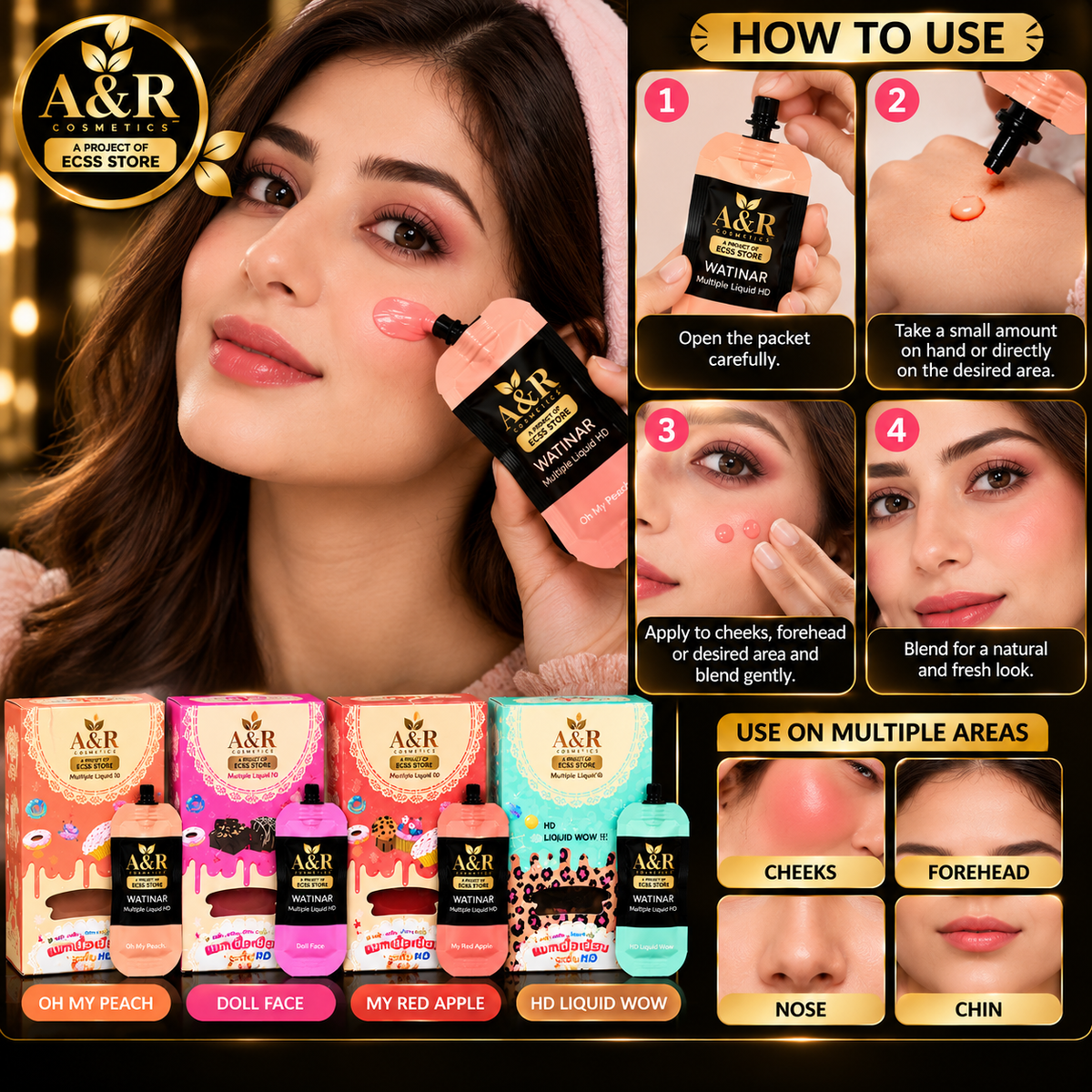 WATINAR Multiple Liquid HD – Multi-Purpose Liquid Makeup | 5 Packets per Box