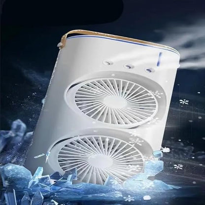 Portable Mini Double Fan Air Cooler With Mist Humidifier And Led Lighting, Mini Table Cooling Fan For Home & Office – Rechargeable ( Random Color )