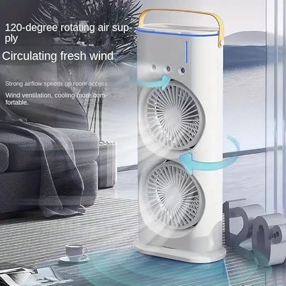 Portable Mini Double Fan Air Cooler With Mist Humidifier And Led Lighting, Mini Table Cooling Fan For Home & Office – Rechargeable ( Random Color )
