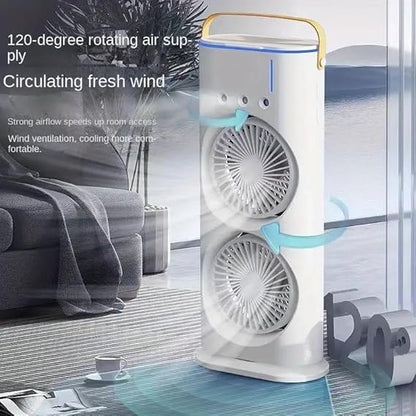 Portable Mini Double Fan Air Cooler With Mist Humidifier And Led Lighting, Mini Table Cooling Fan For Home & Office – Rechargeable ( Random Color )